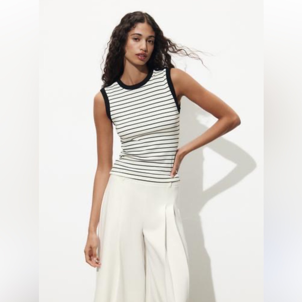 NWT Zara Black White Striped sleeveless gold button stretch tshirt size small